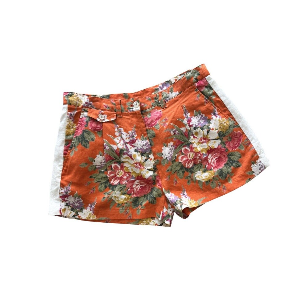 Lauren Ralph Lauren 100% Linen Shorts Women’s 6P Orange Floral Shabby Chic PRSTN